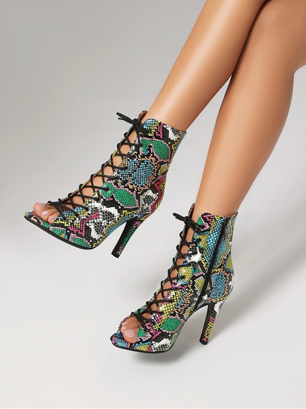 Women's Multicolor Lace-Up Snake Print High Heel Sandals